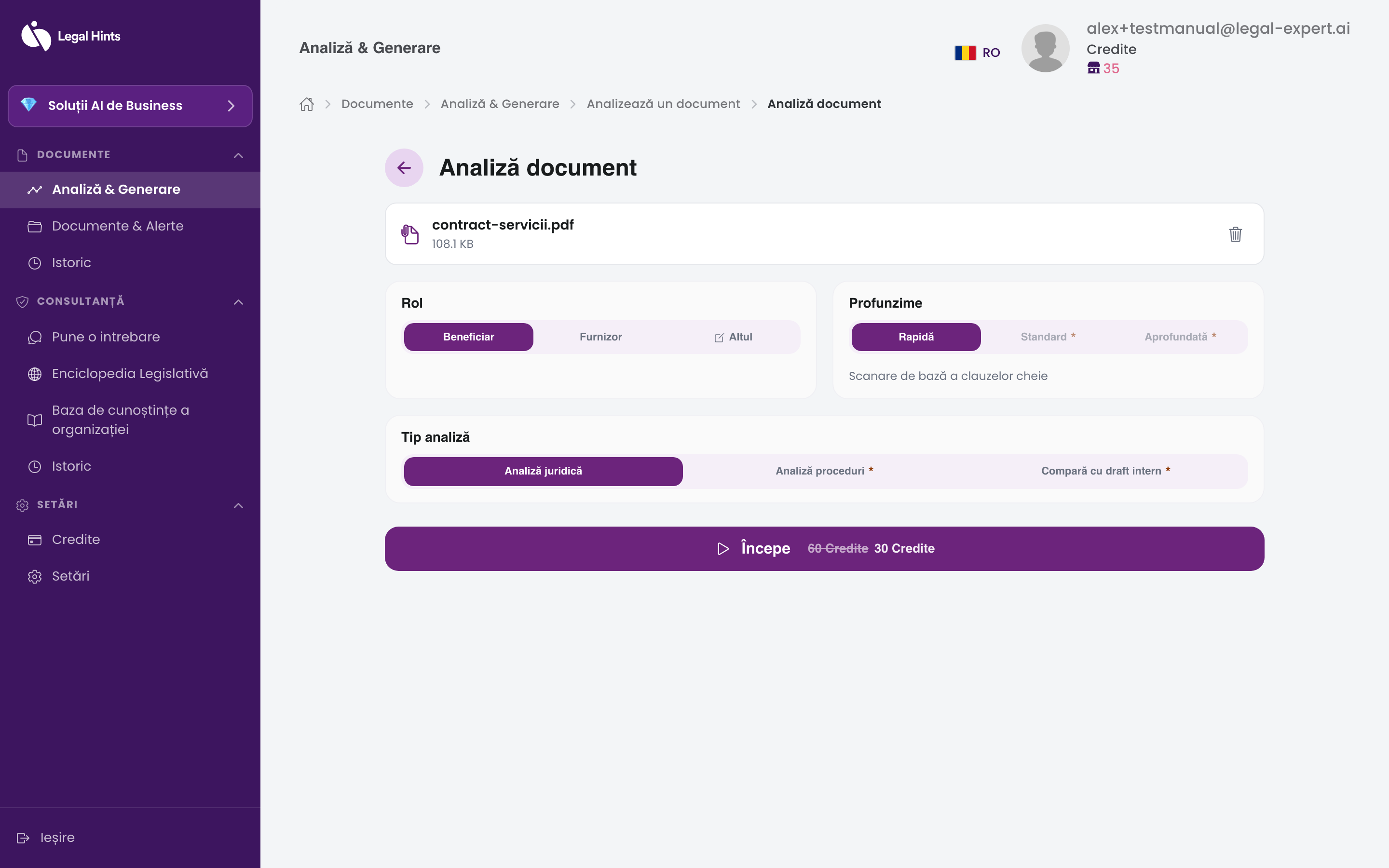 Document încărcat, afișat cu numele și dimensiunea, gata de analiză
