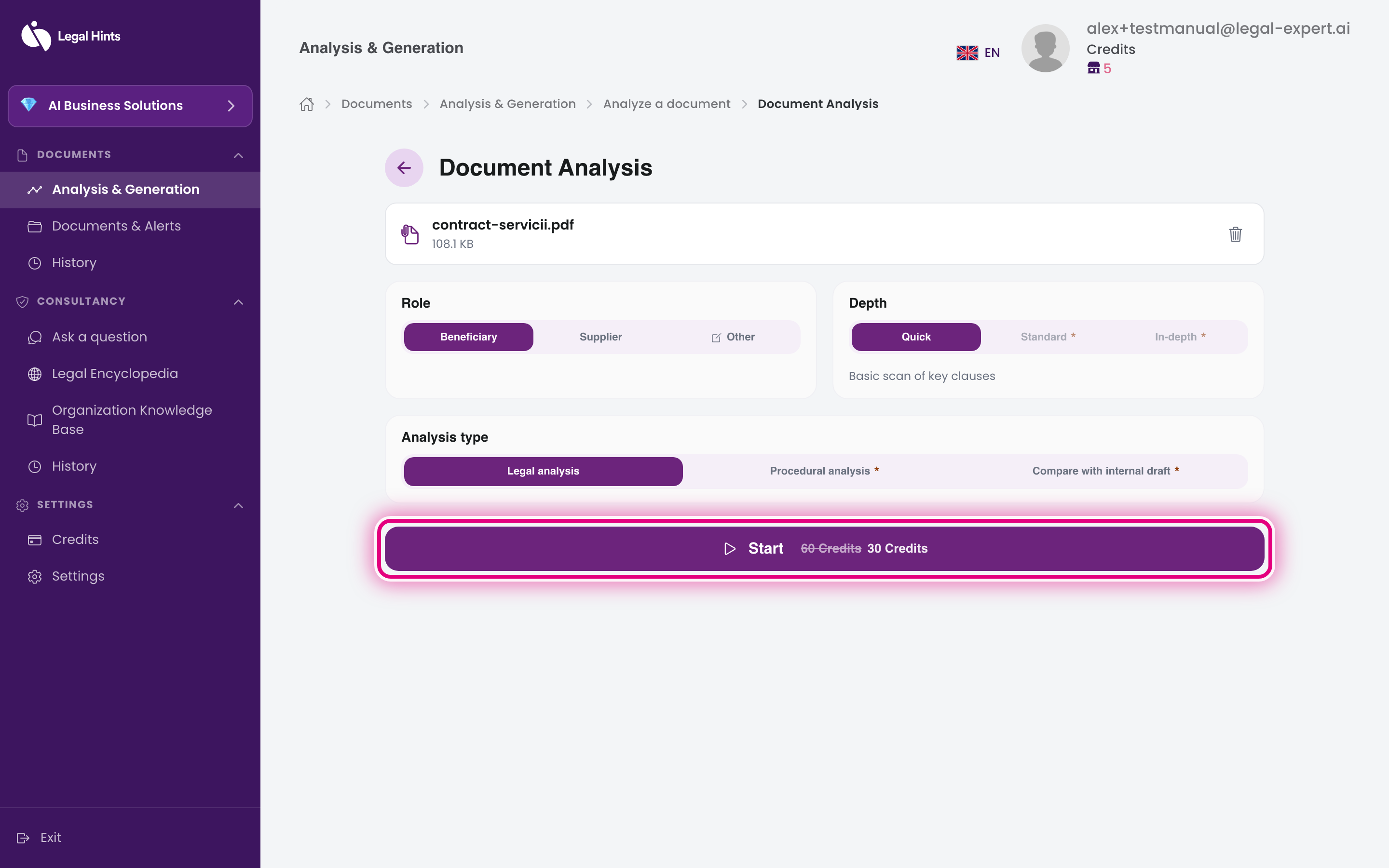 The “Start” button highlighted, with the number of required credits
