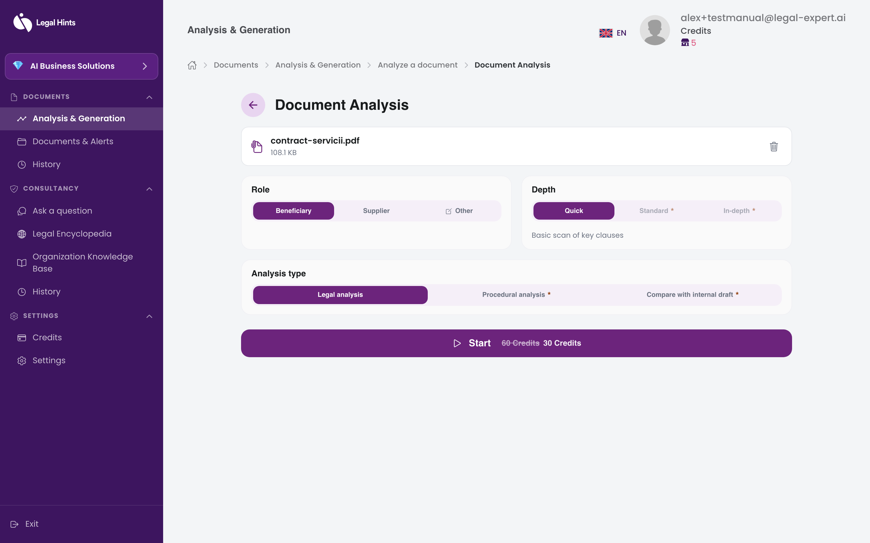 Uploaded document, shown with its name and size, ready for analysis