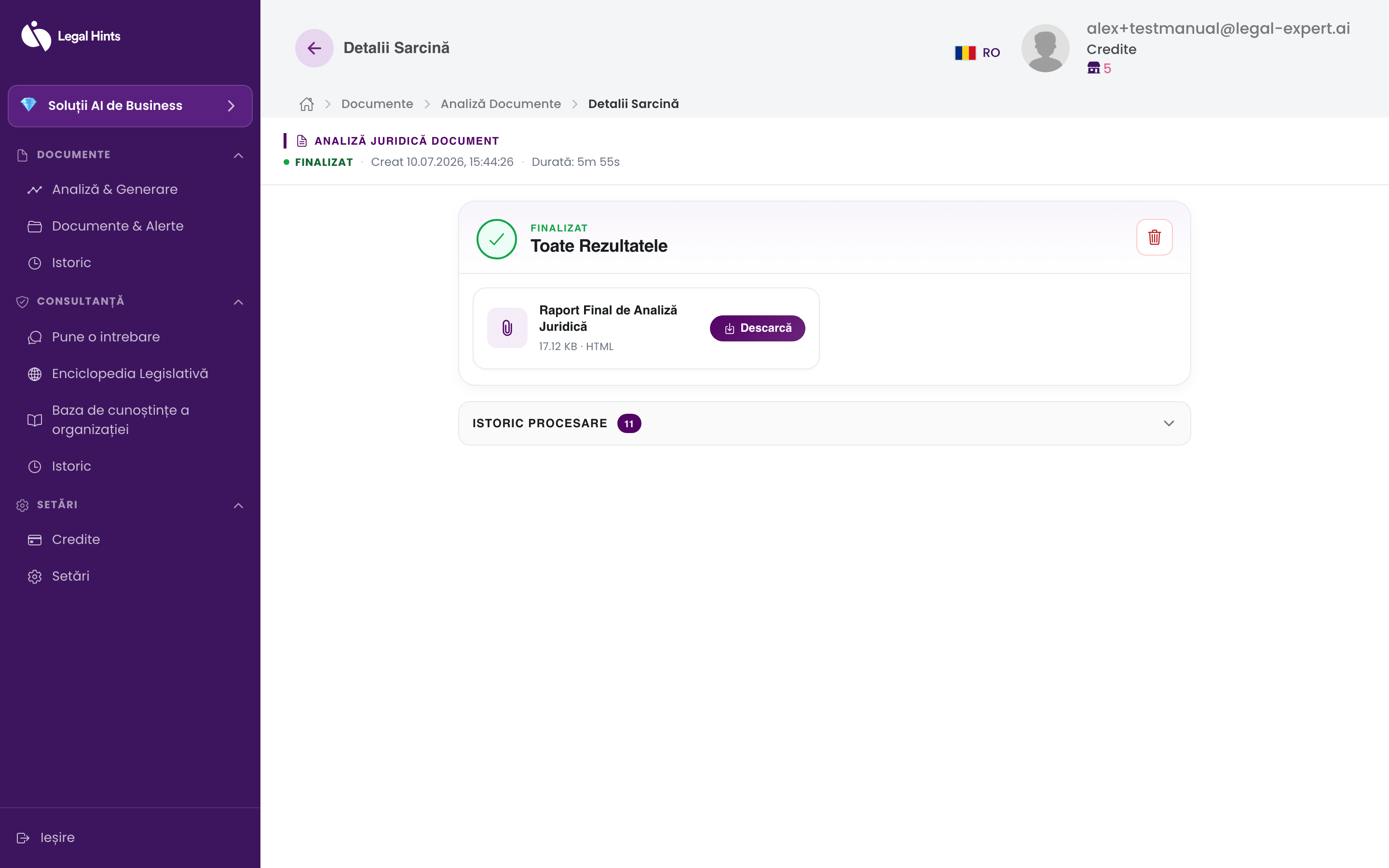 Task details page with the completed analysis and the final report available for download