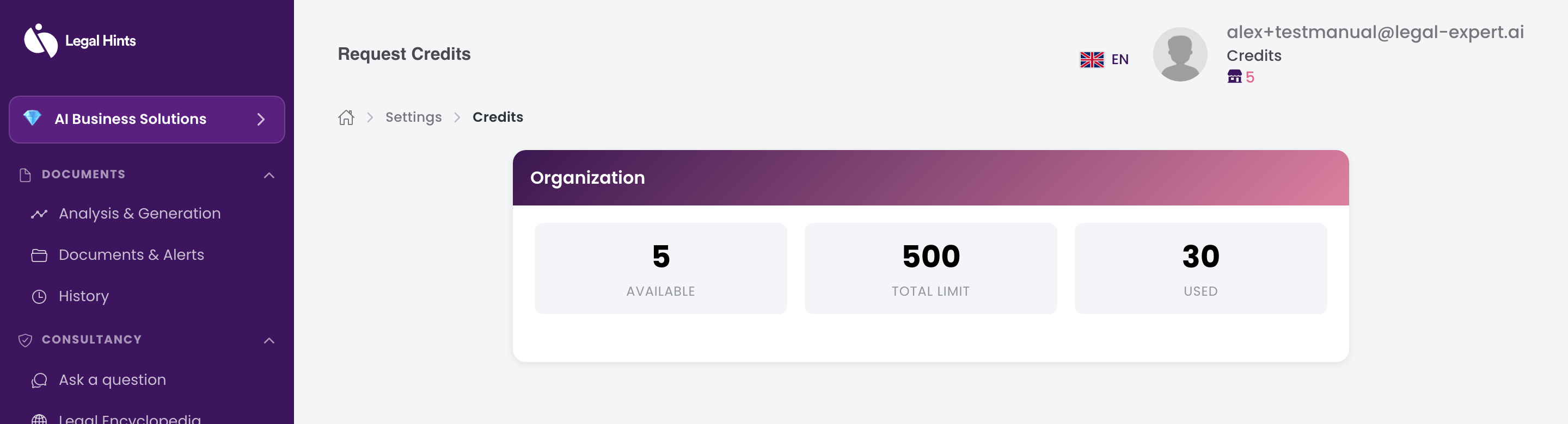 The Credits and account section with the organization’s credit balance