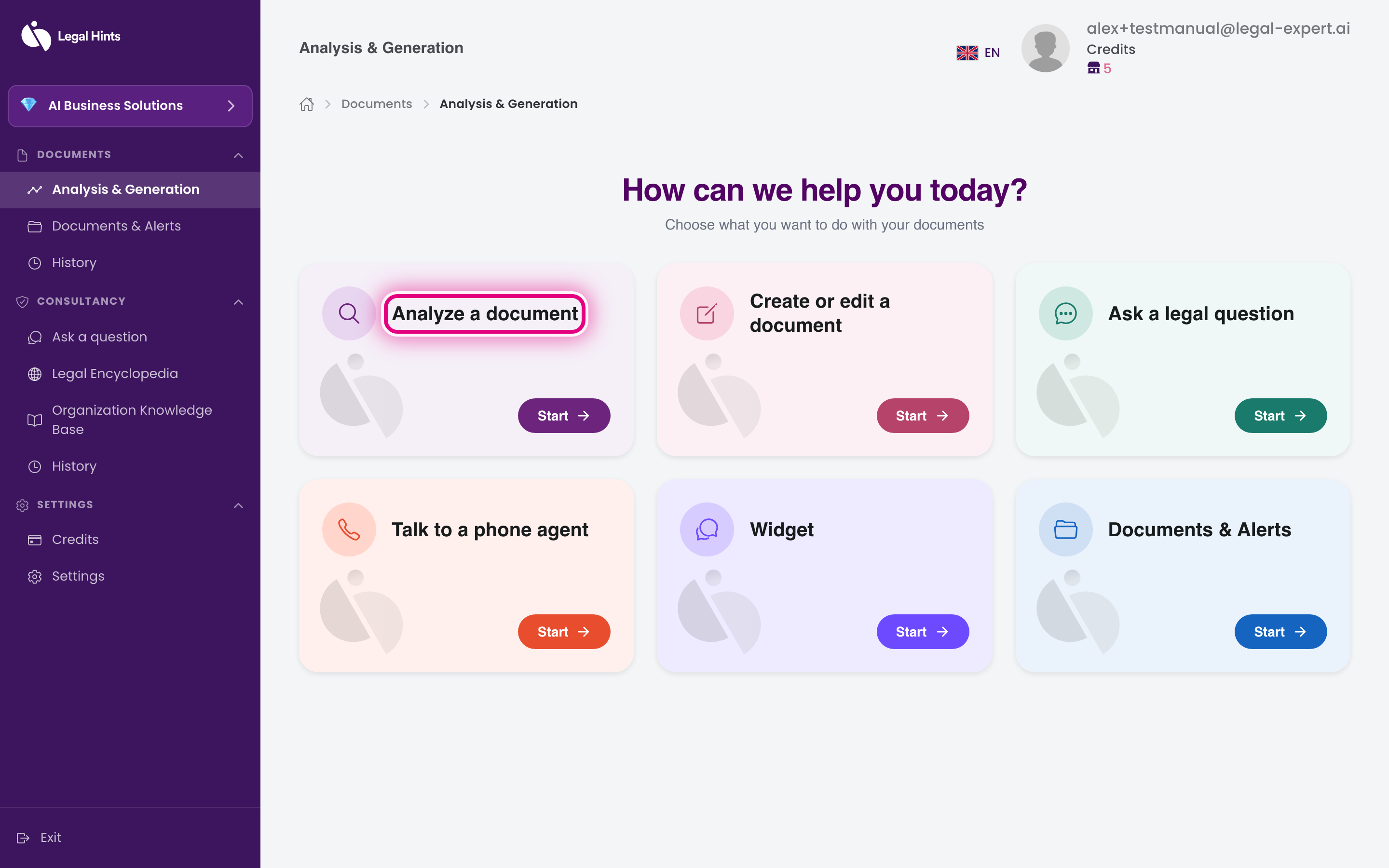 The “Analysis & Generation” hub, with the “Analyze a document” card highlighted