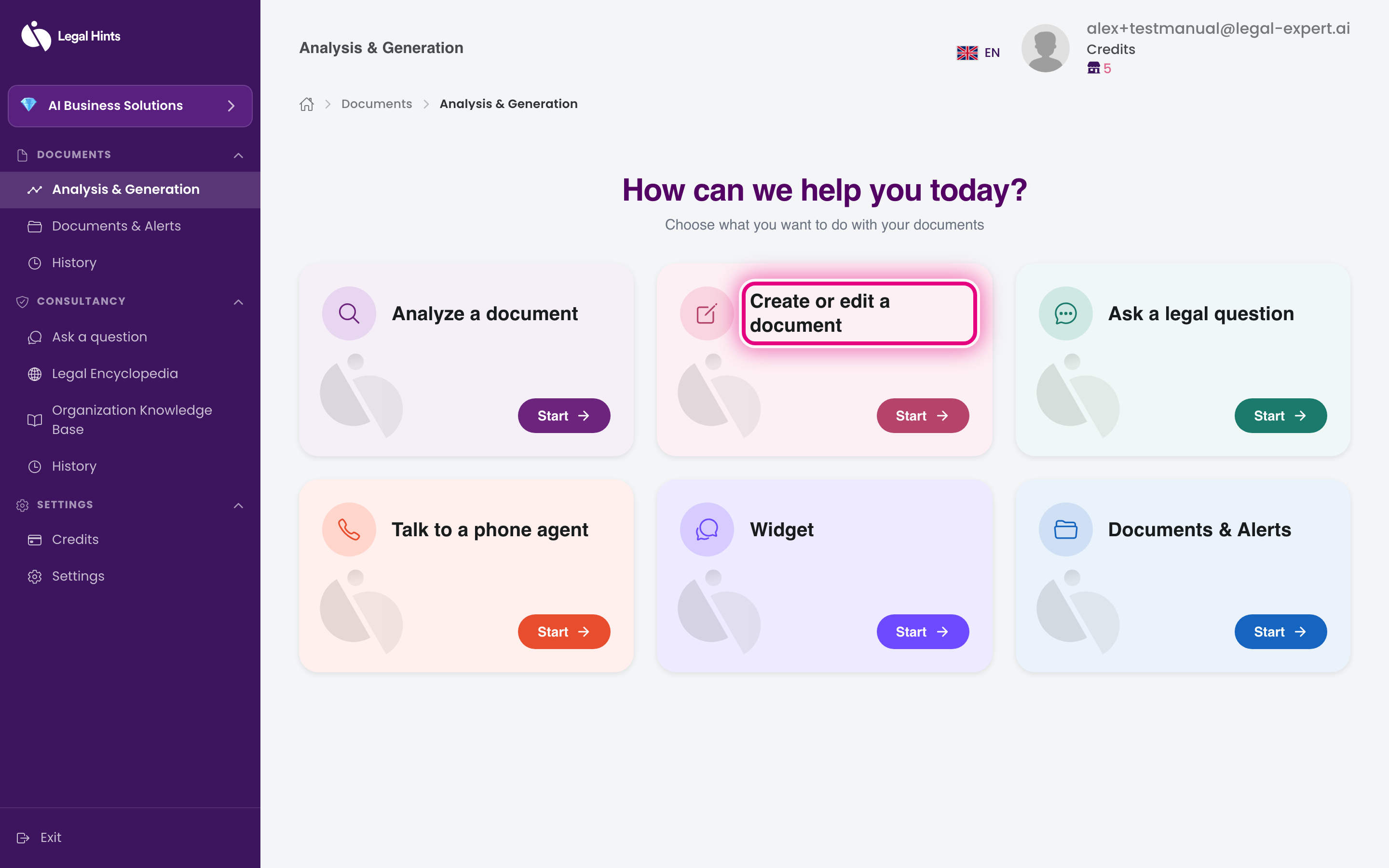 The “Analysis & Generation” hub with the “Create or edit document” card highlighted