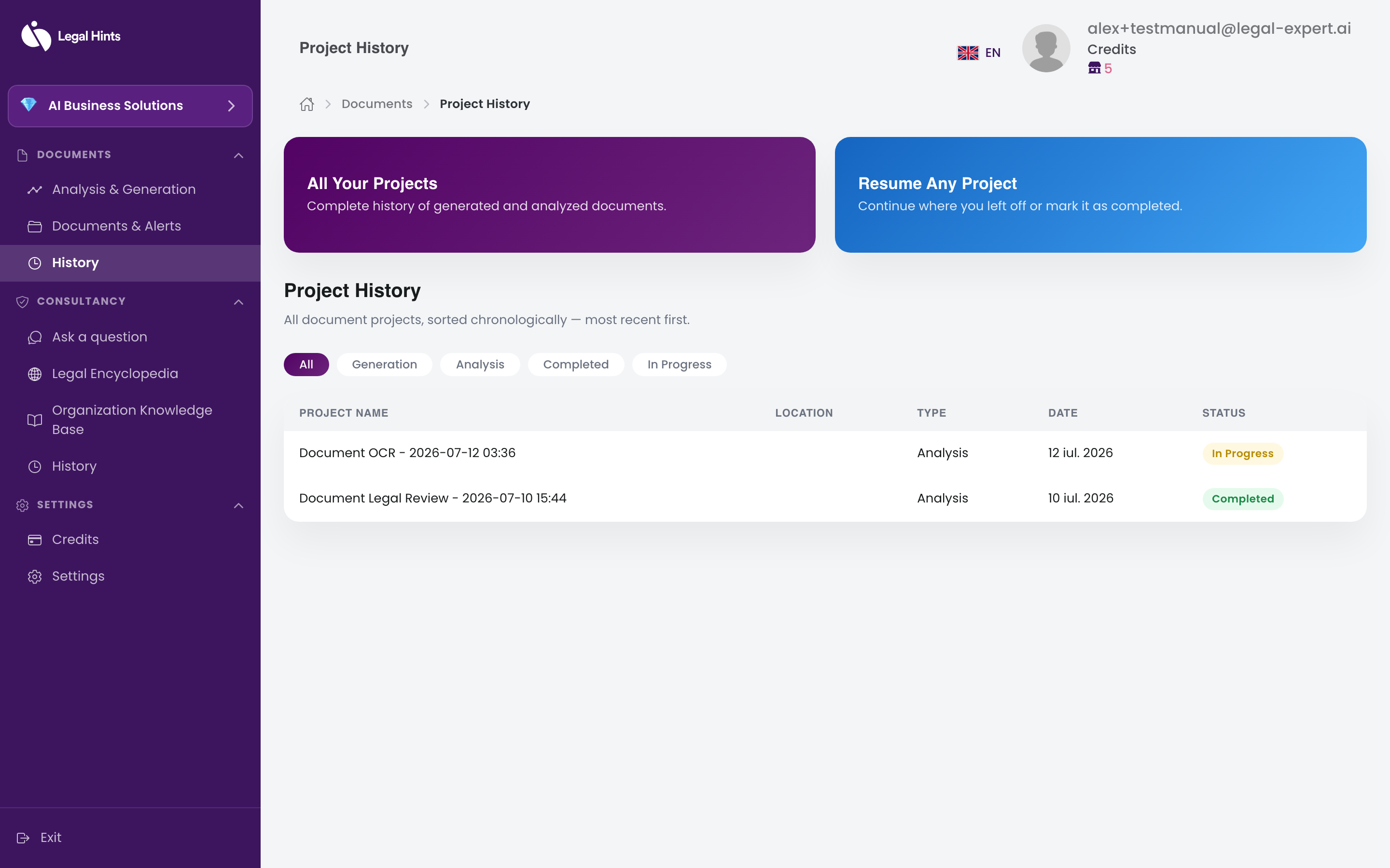 The “Project history” page with the list of completed tasks