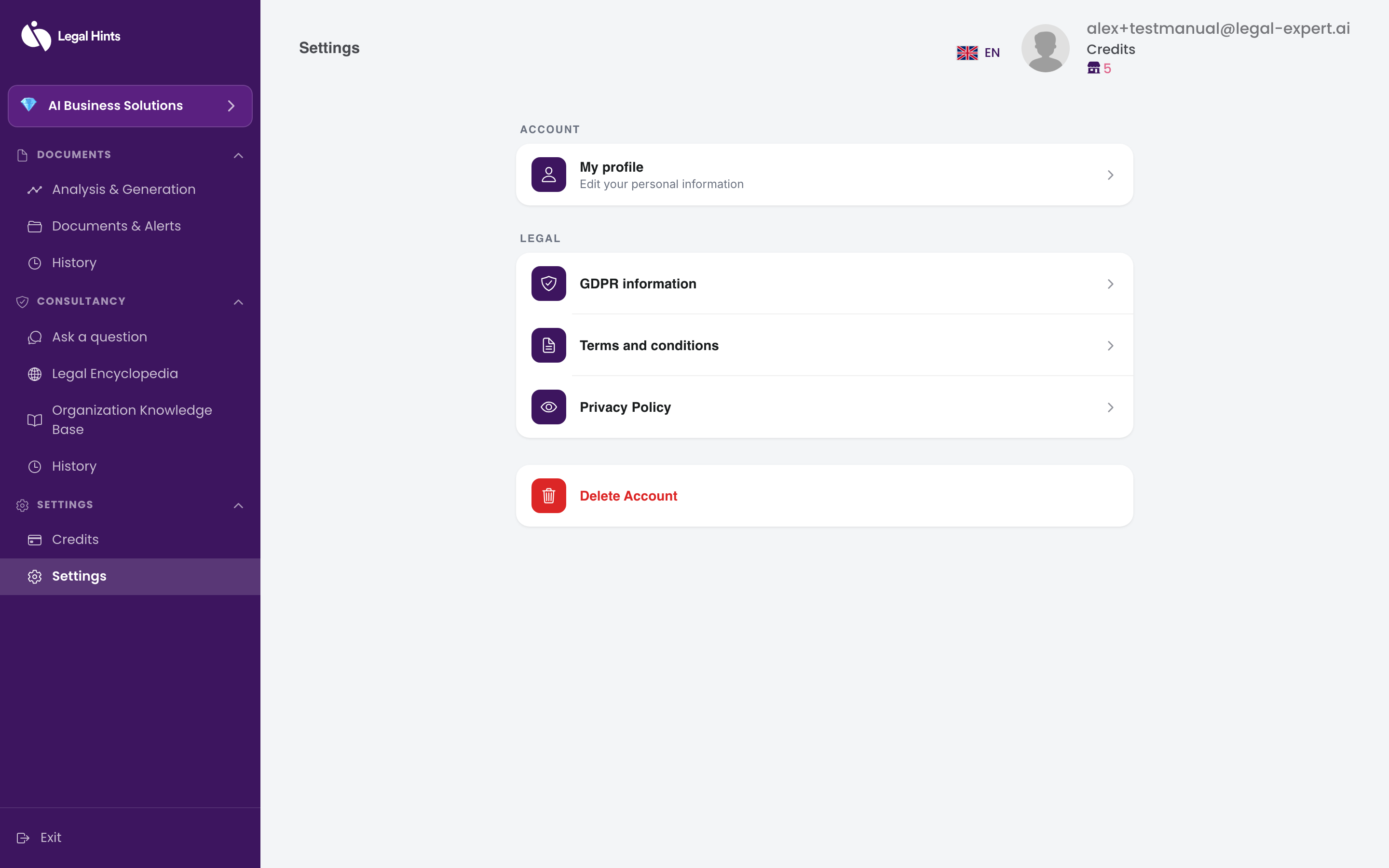 Account settings section