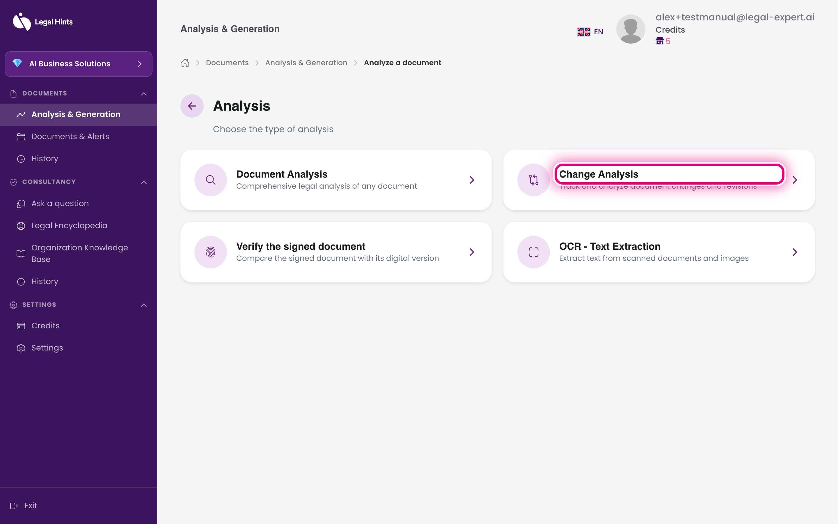 Analysis type selection screen, with the “Change analysis” option highlighted