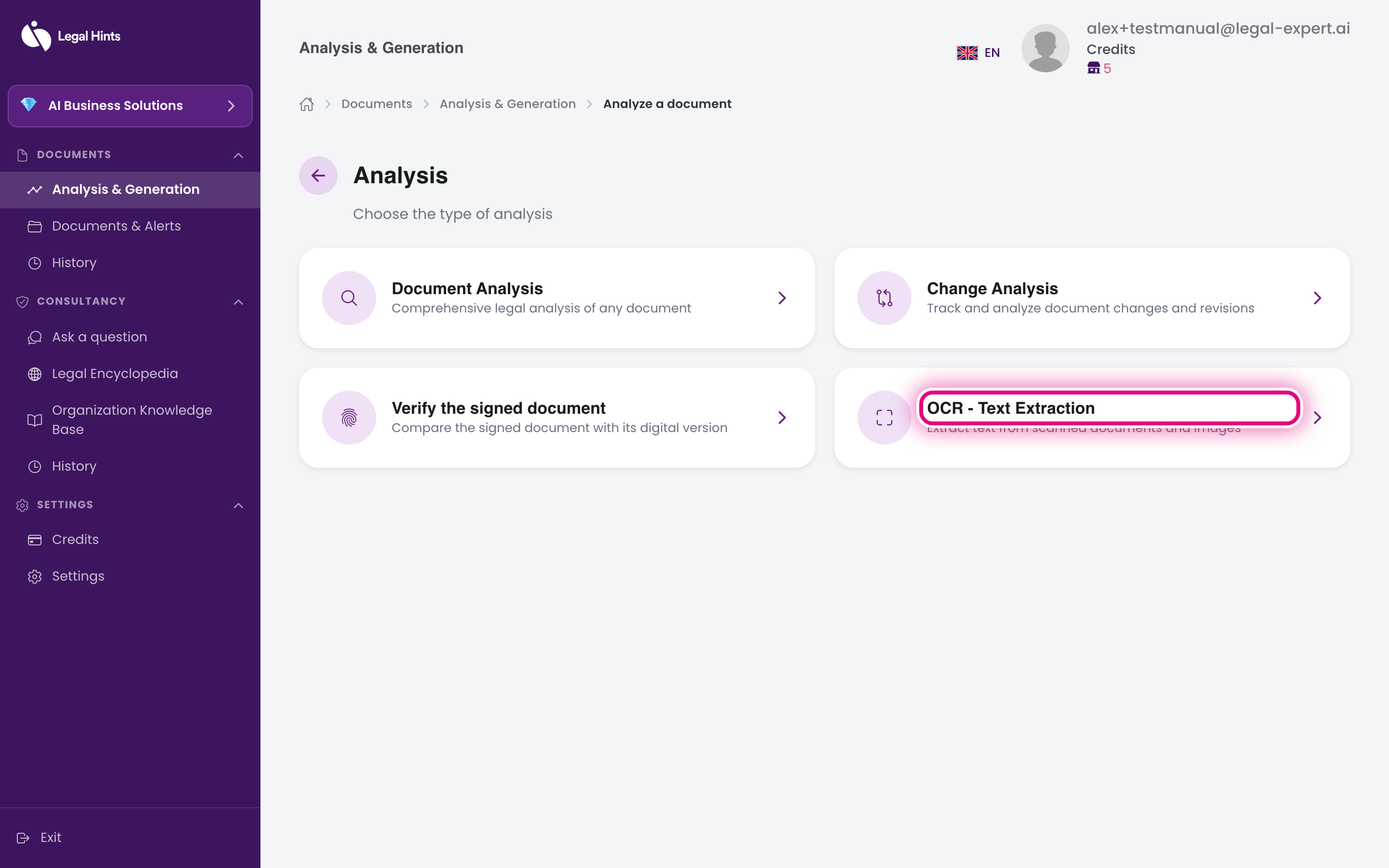 Analysis type selection screen, with the “OCR - Text extraction” option highlighted