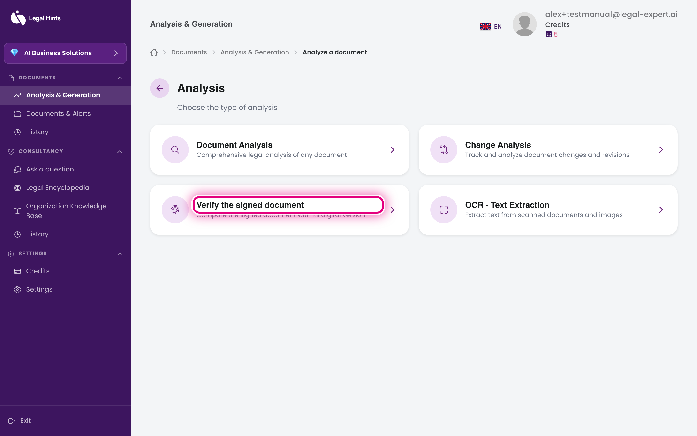 Analysis type selection screen, with the “Verify signed document” option highlighted