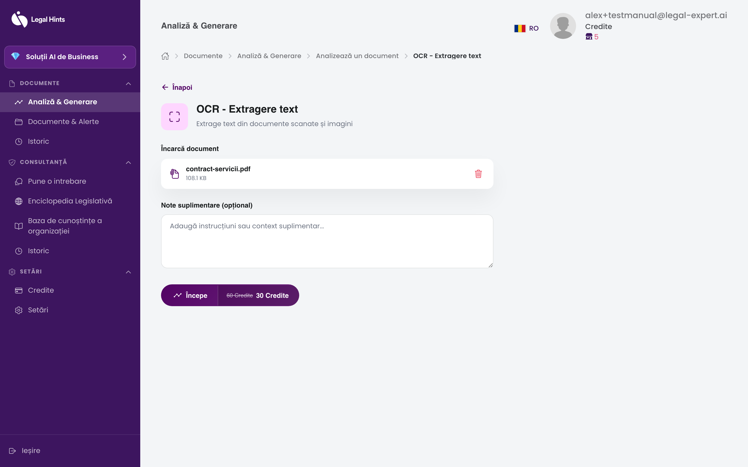 Ecranul OCR cu fișierul încărcat