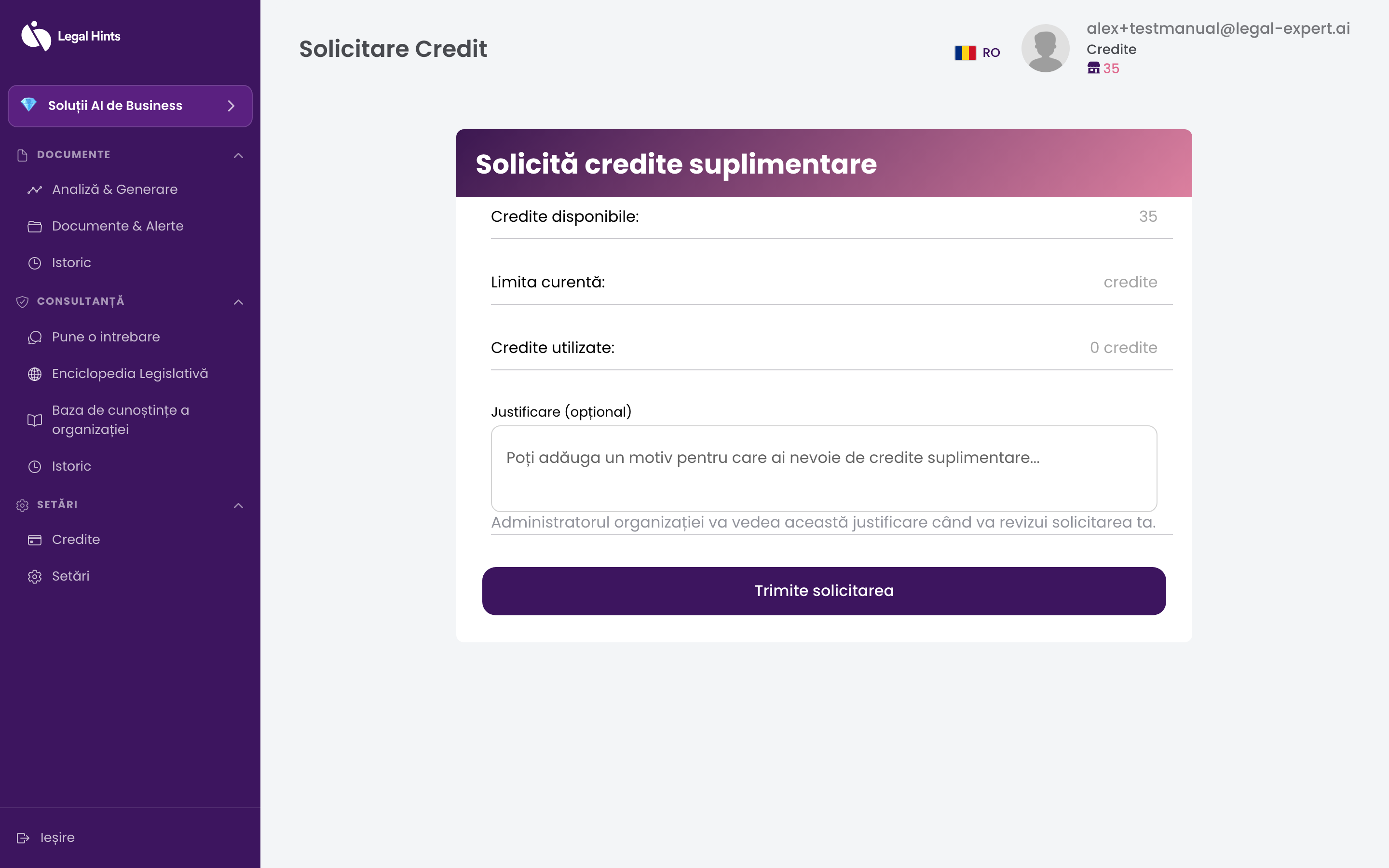 Meniul „Credite și cont” cu opțiunea „Solicită credite”