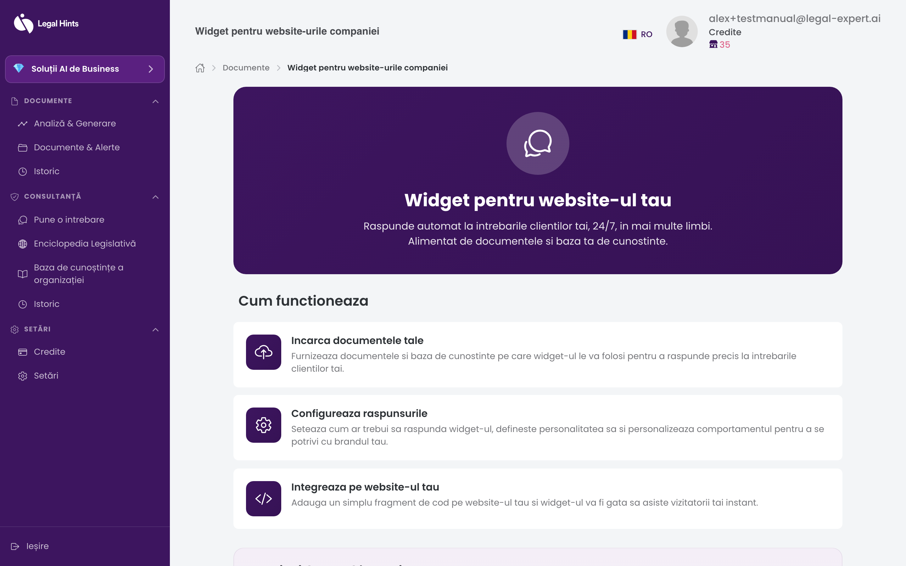 Pagina de prezentare a chat-bot-ului pentru site